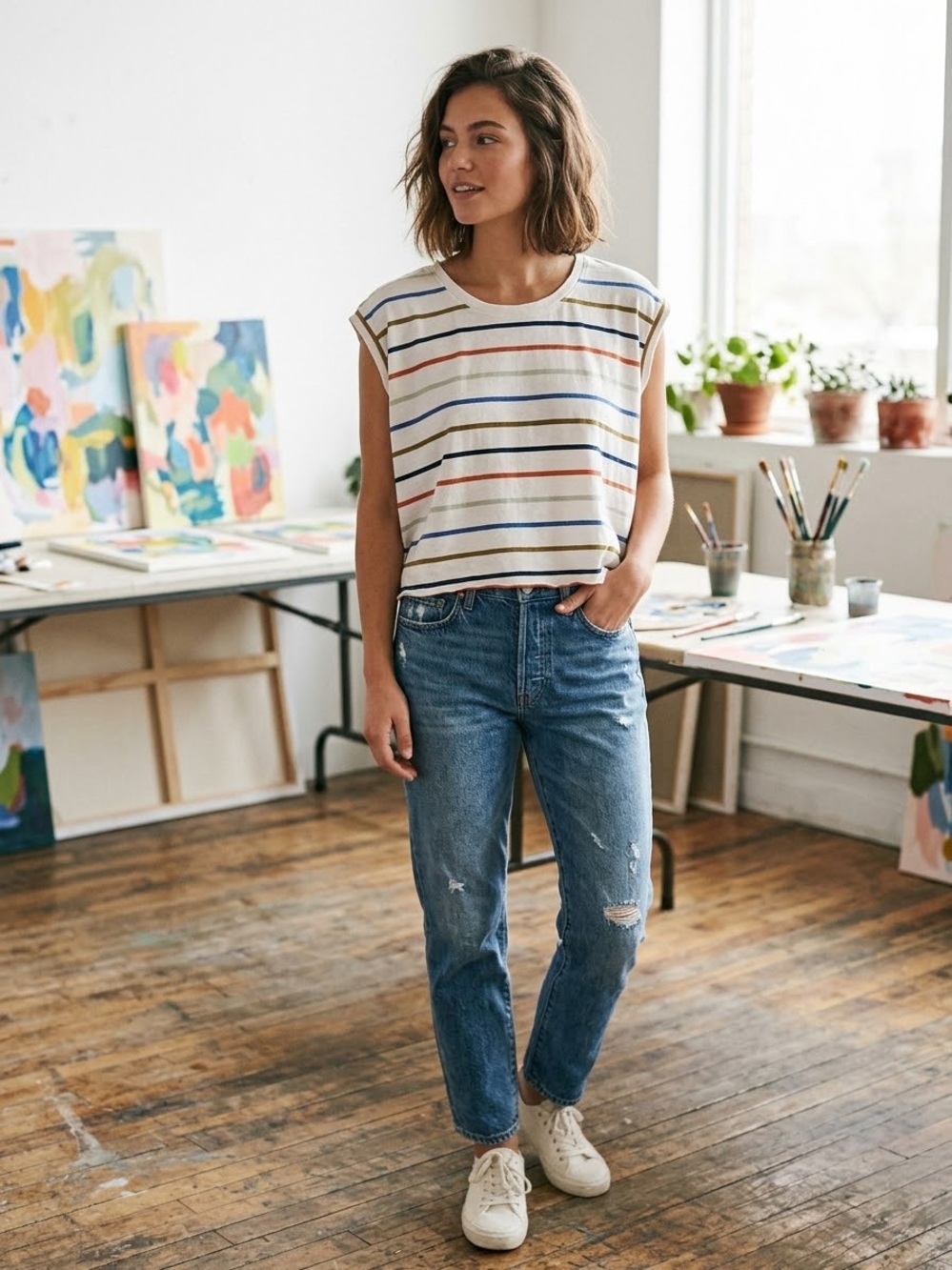 Free People All Clear Striped Cami Cream & Blue Size Medium
